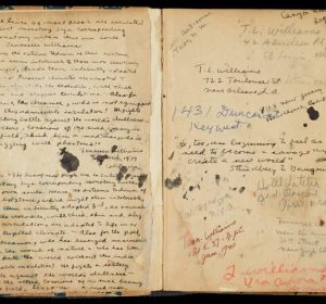 Endpaper with notes and addresses from TW's copy of The Complete Poems of Hart Crane which travelled with him.
TW Papers, Rare Book and Manuscript Library, Columbia University tenessee williams